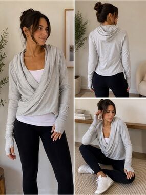 Lululemon Iconic Wrap Heathered Light Grey Hooded Cardigan Size 8 Yoga Lounge